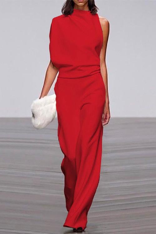 One Shoulder Waisted Wide Leg Jumpsuit