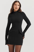 Mock Neck Long Sleeve Princess Seam Hip Flap Panel Mini Dress