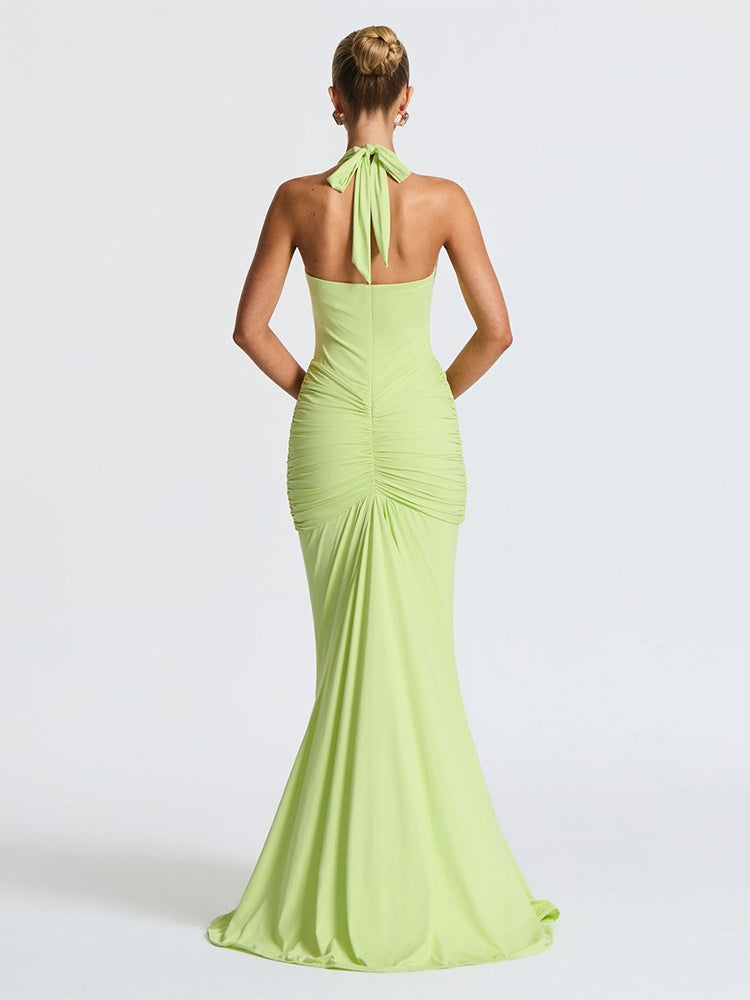 Halter Neck Deep V-neck Fitted Waist Long Dress Sexy Backless Ribbon Fishtail Long Dress
