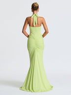 Halter Neck Deep V-neck Fitted Waist Long Dress Sexy Backless Ribbon Fishtail Long Dress