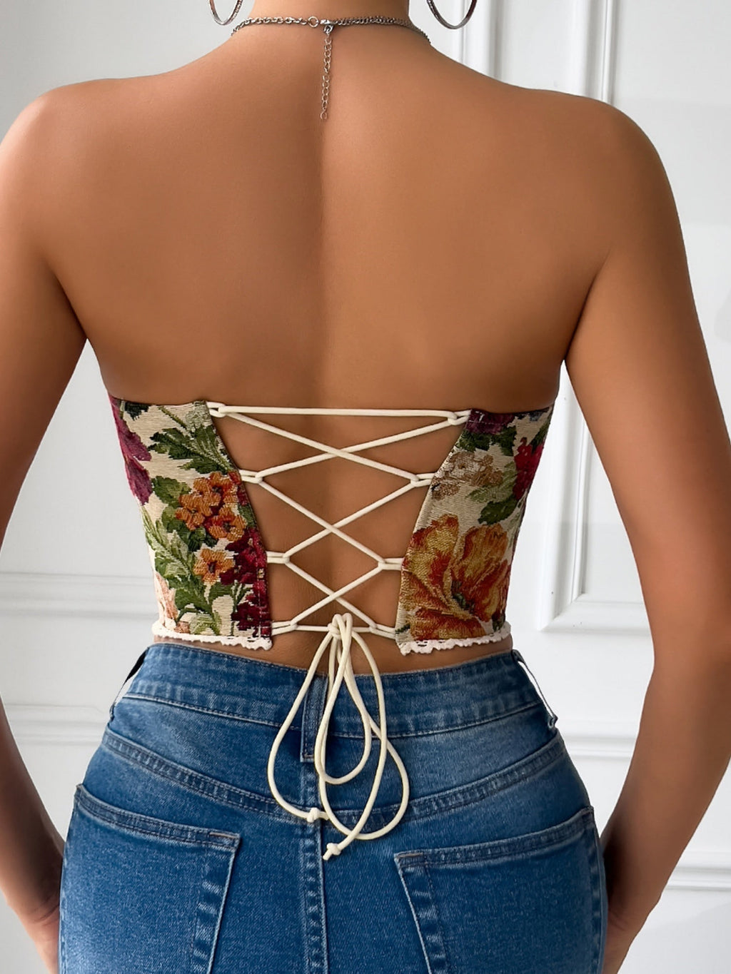 Floral Print Strapless Lace Tethered Fish Bones Strapless Bra