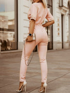 Short-sleeved, High-waisted, Belted Jumpsuit For Professional Commuting