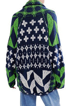 Button Down Drawstring Hem Geometric Pattern Sweater Cardigan