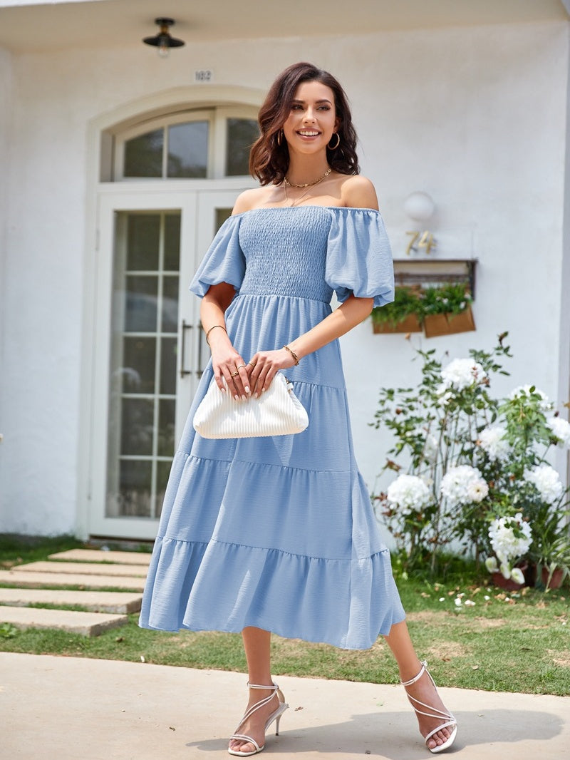 Square Neck, Backless, Puff Sleeve, Pleated Short-sleeved Long Dress