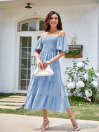 Square Neck, Backless, Puff Sleeve, Pleated Short-sleeved Long Dress