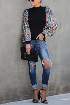 Creneck Sequin Lantern Sleeve Knitting Blouses