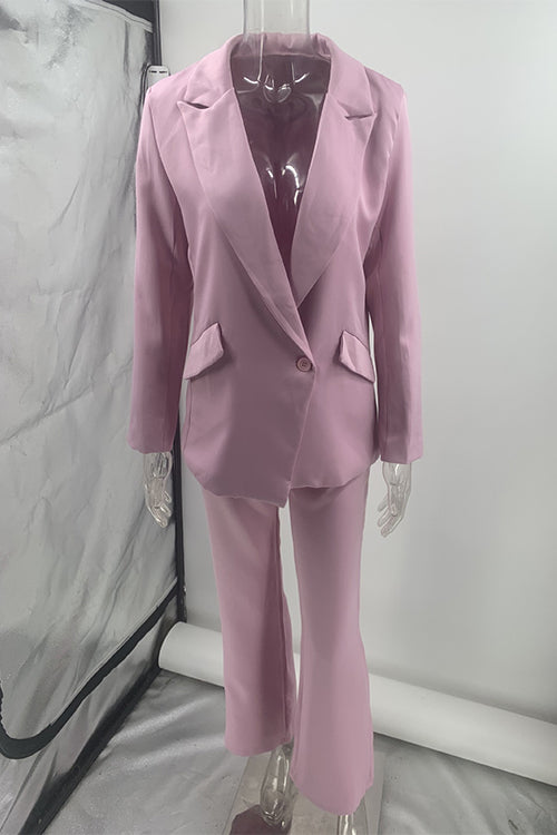 One Button Pocketed Blazer and Straight Leg Pants Power Suit Set