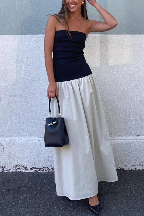 Strapless Tube Color Block Swing Maxi Dress
