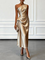 Satin Pleated One Shoulder Grace Formal Dress Maxi Dresses