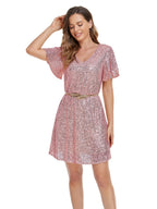 V-neck Fine Flash A Pendulum Mini&Short Dresses