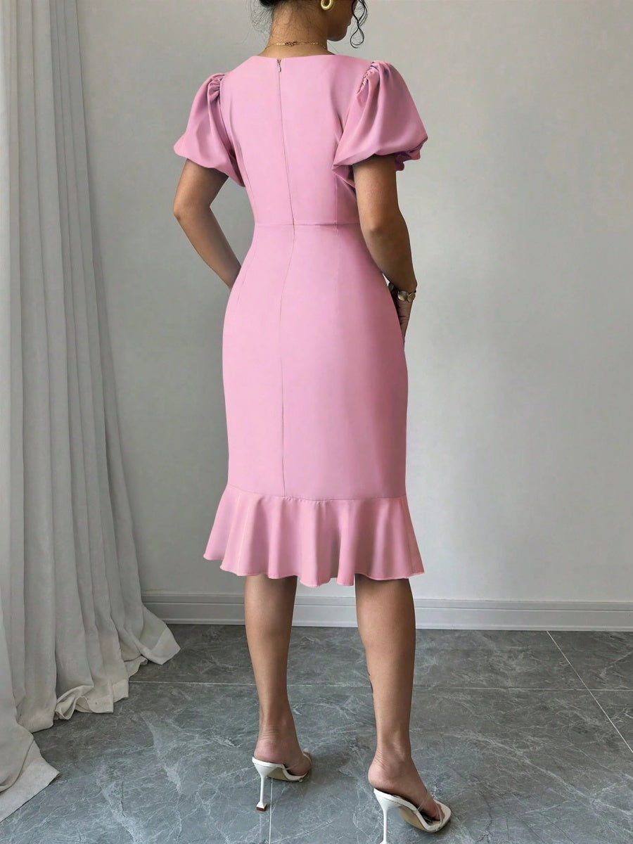 Round Neck Lantern Sleeve Ruffled Fishtail Midi Dress