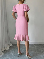 Round Neck Lantern Sleeve Ruffled Fishtail Midi Dress