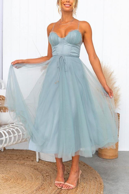 Adjustable Spaghetti Strap Backless Mesh Maxi Party Dress