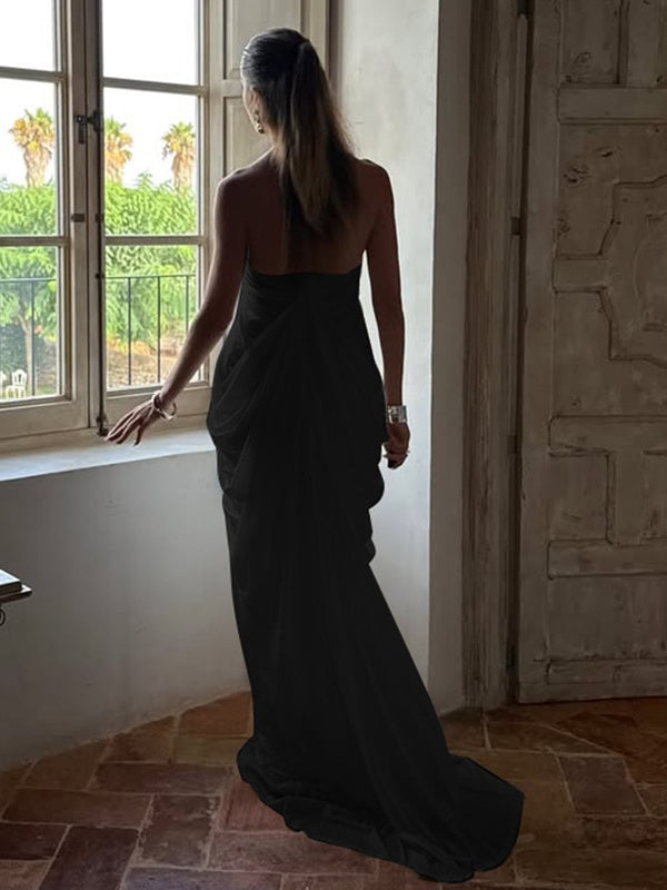 Loose-fitting, Backless, Sleeveless, V-neck, Pleated Halter-neck Mesh Long Dress