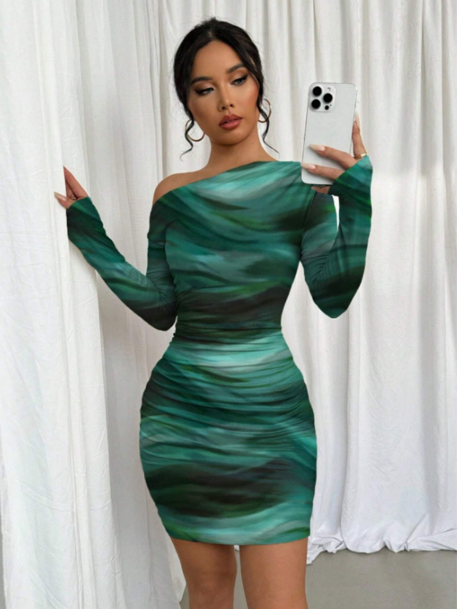 Pleated Slim-fit Hip-hugging Slant Collar Printed Mini&Short Dresses