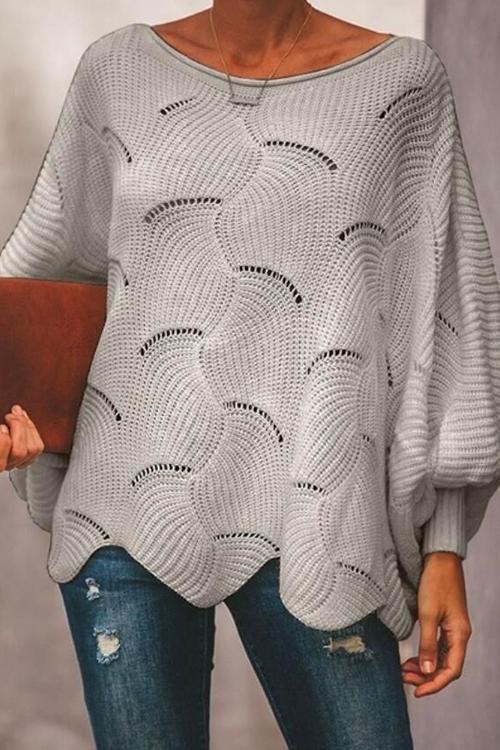 Solid Irregular Hem Lantern Sleeve Knit Sweater