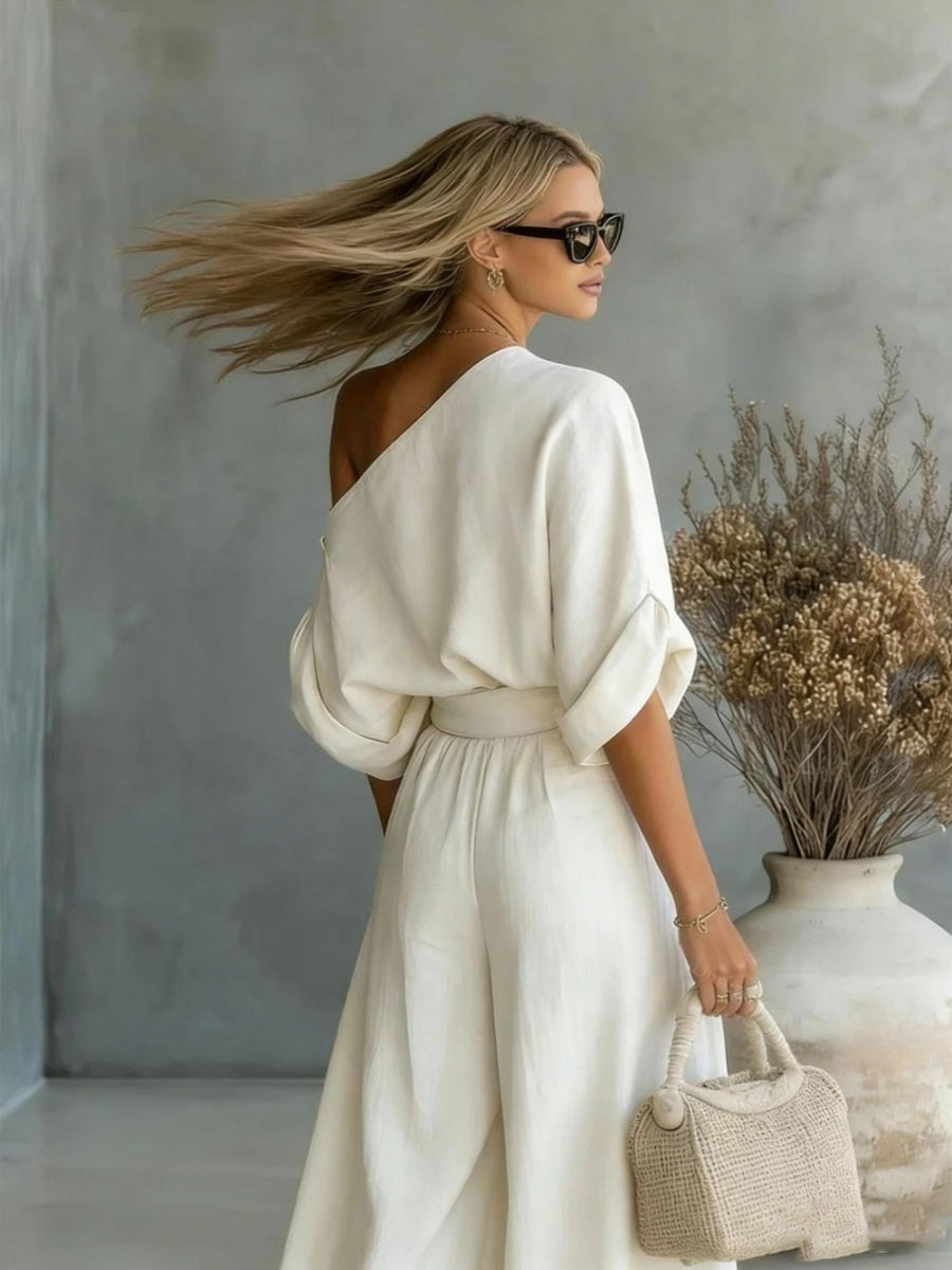 Loose-fit Off-shoulder Jacket Wide-leg Pants Set 2-piece Sets