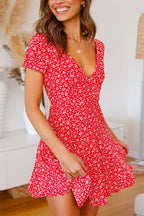 V Neck Short Sleeve Printed Mini Swing Dress