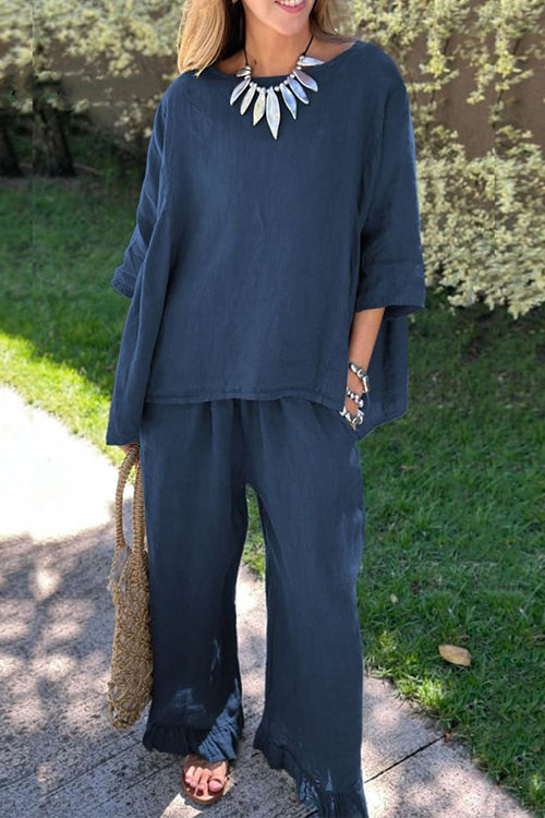 Cotton Linen 3/4 Sleeves Pullover Top Wide Leg Ruffle Hem Pants Set