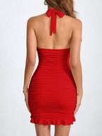 Halter Neck Pleated Bodycon Short Dress With Ruffles