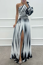 One Shoulder Waisted Slit Printed Maxi Dress