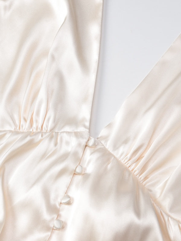 Deep V-neck Backless Fitted Satin Halter Neck Short Dress