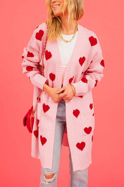 Open Front Pocketed Valentines Date Heart Print Cardigan