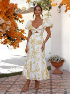 Printed Puff Sleeve Sweetheart Collar Vacation Maxi Dresses
