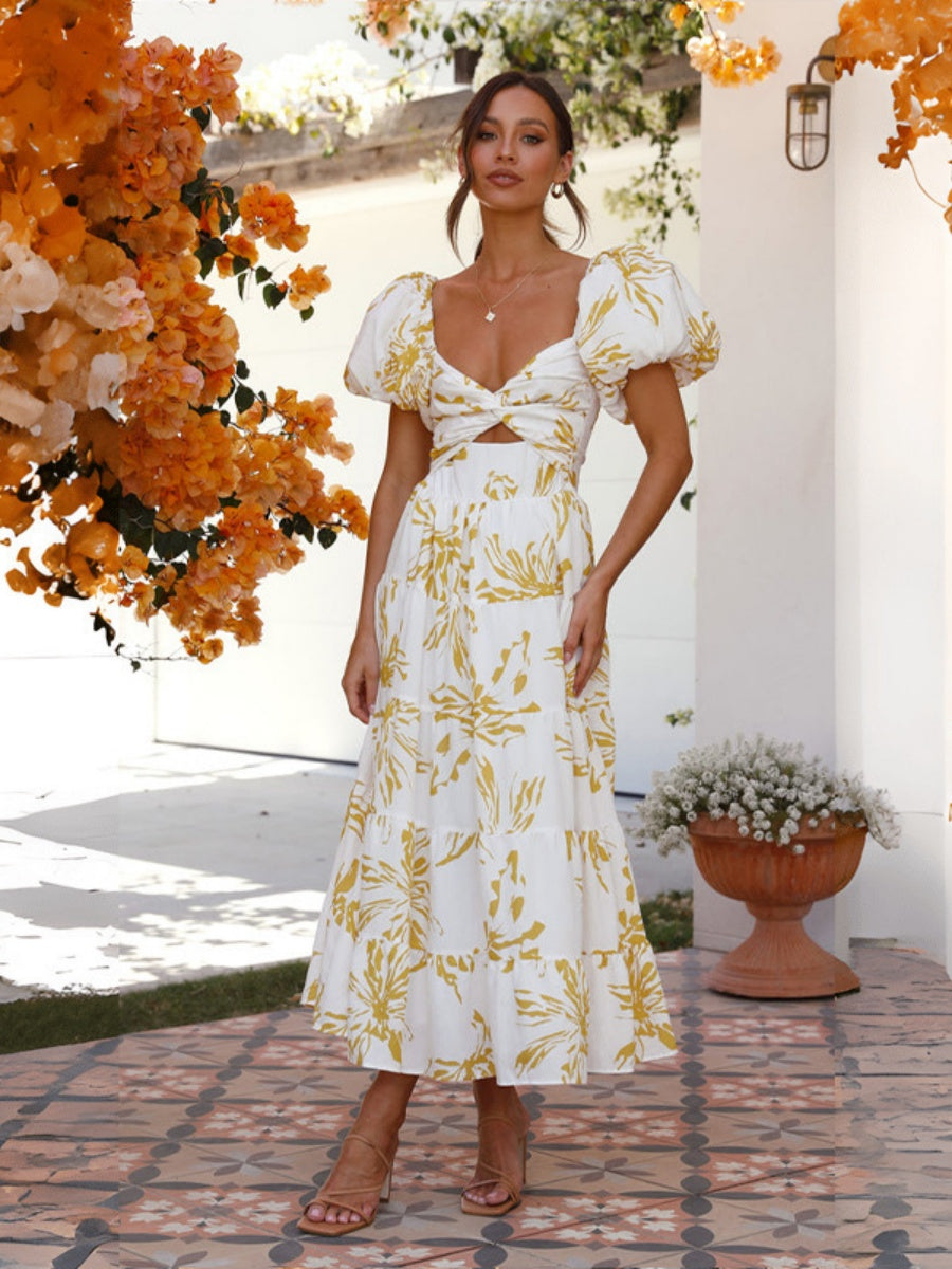 Printed Puff Sleeve Sweetheart Collar Vacation Maxi Dresses