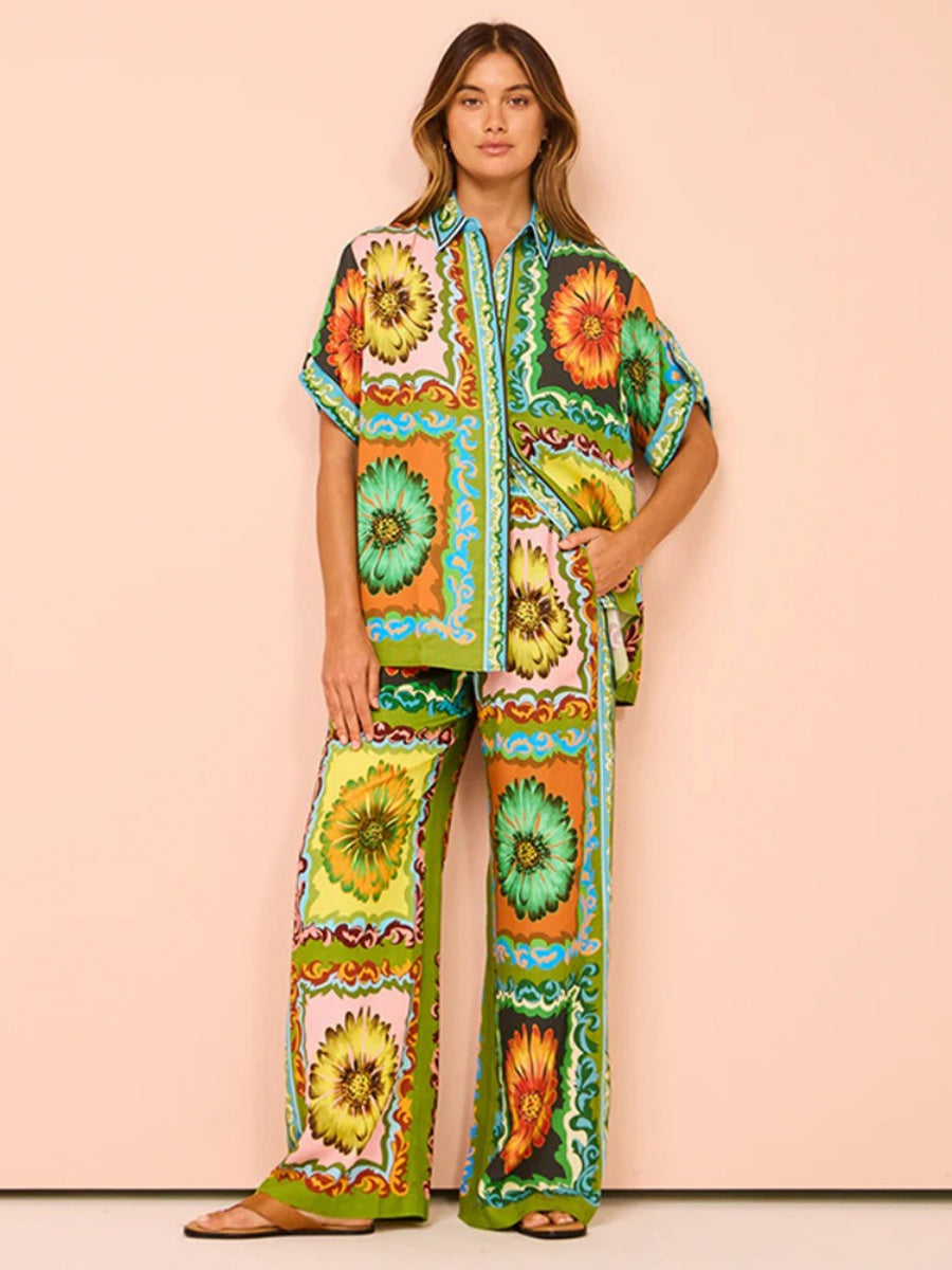 Printed Vacation Long-sleeved Shirt Pants Wide Leg Set 2-piece Sets