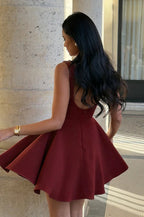 Boat Neck Sleeveless Pleated Fit and Flare Skater Mini Dress