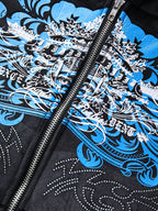 Grunge Rhinestone Print Zip Up Hoodie