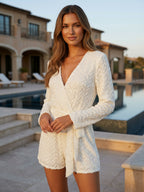 Sequin Textured V Neck Tie Waist Flare Sleeve Party Jumpsuits For Women 2026