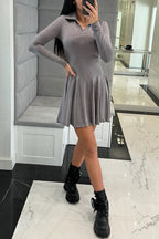Polo Collar Deep V-Neck Paneled Skater Lettuce Hem Mini Dress