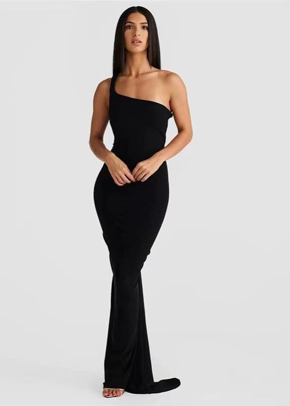 One-Shoulder Twisted Strap Folded Neckline Bodycon Maxi Dress