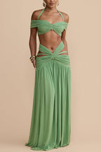 Martina Stretch Mesh Gold Metal Detail Gathered Cutout Waist Vacation Maxi Skirt