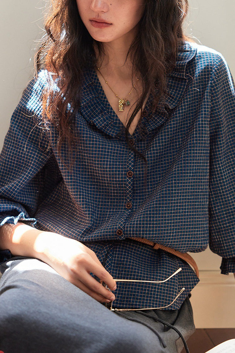 V Neck Ruffle Checkered Blouse