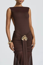 Sleeveless Backless Ruched Waist Brooch Detail Bodycon Maxi Dress