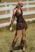 Floral Lace Corset Panel Split Sleeve Tiered Ruffle Two-Piece Set