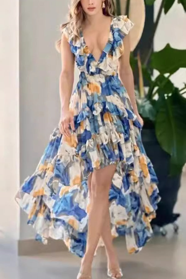 Plunging V-Neck Ruffle Tiered High-Low Floral Maxi Dress