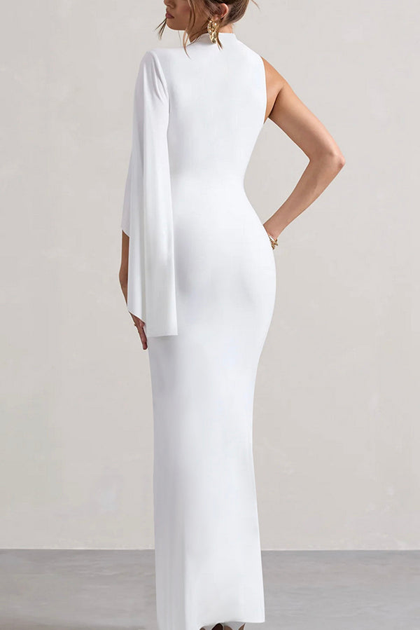 Mock Neck One Shoulder Ruffle Sleeve Mermaid Hem Maxi Gown