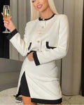 White Patchwork Side Slit Mini Office Two Piece Set