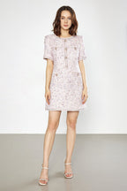 Tweed Jewel Button Patch Pocket Embellished Trim Mini Dress