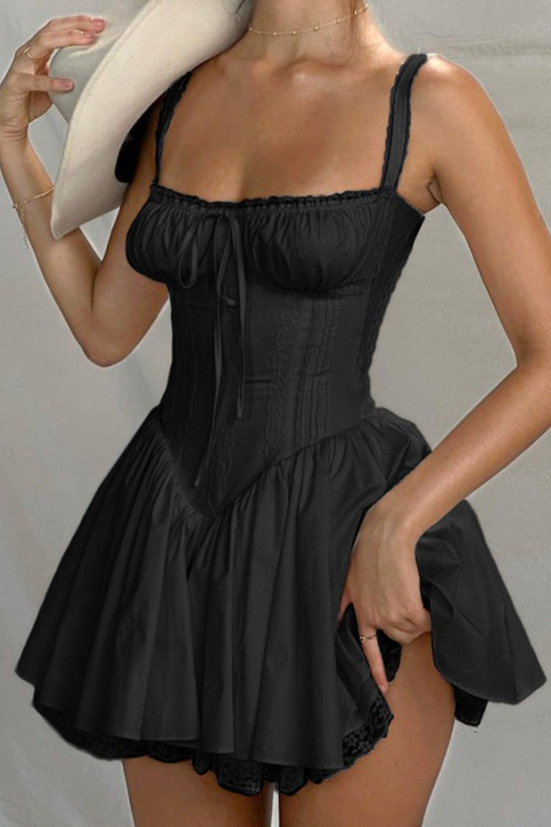 Corset Bodice Sweetheart Tie Waist Lace Trim Flare Hem Mini Dress