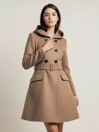 Hooded A-Line Midi Coat With Double-Breasted Design And Belt For Women 2026