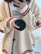 Oversize Star Embroidered Cable Knit Cardigan