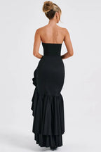 Strapless Corset Bustier High Split Ruffle Trim Mermaid Maxi Cocktail Dress
