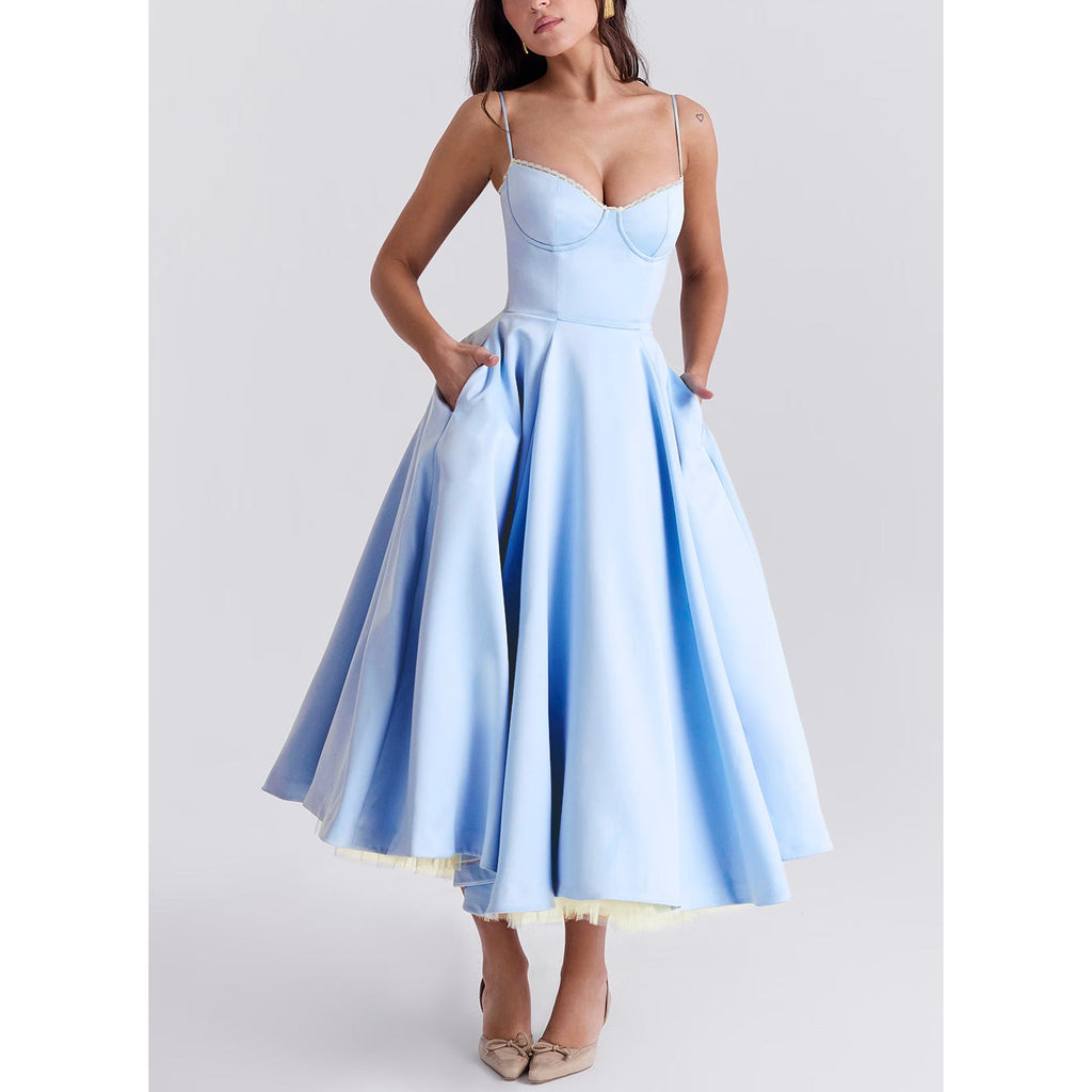 Sweetheart Bustier Lace Trim Satin Fit and Flare Midi Dress