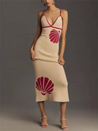 Knitted Suspender Halterneck V - Neck Backless Sexy Midi Dress