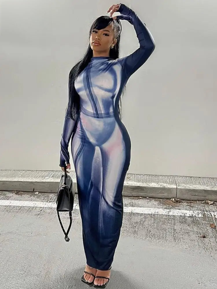 Body Print Mock Neck Long Sleeve Bodycon Maxi Dress